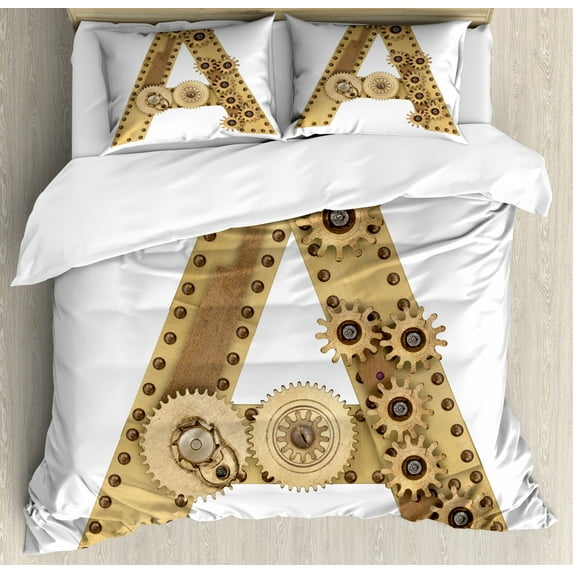 Letter A Duvet Cover Set Queen Size, Steampunk Mechanical Alphabet Letter Font A Photo Compilation Cogwheel Clench, Decorative 3 Piece Bedding Set with 2 Pillow Shams, Sand Brown, by Ambesonne