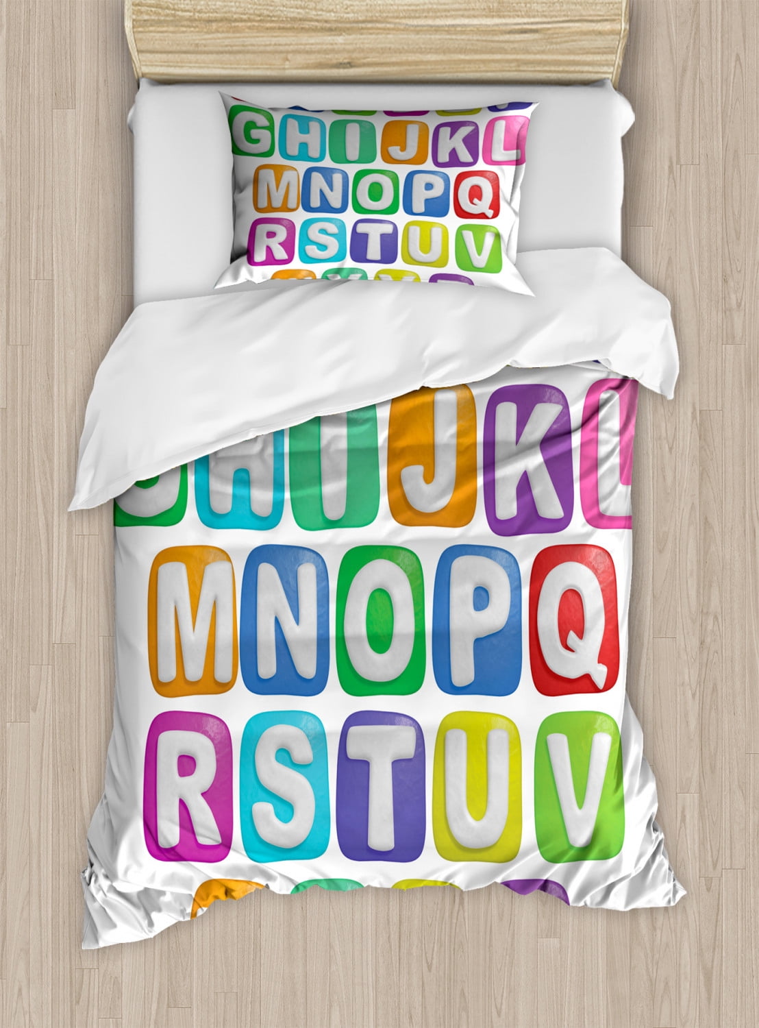 Letter Duvet Cover Set Twin Size, Cartoon Style Colorful Alphabet
