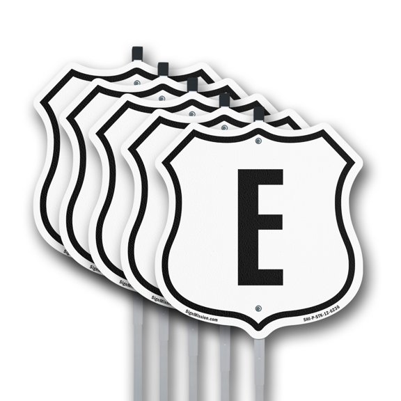 Letter E (5 Pack) 12 inch X 12 inch Shield Shaped Rust-Free Aluminum Metal Signs with Aluminum Mounting Stakes Weather Resistant Made in the USA