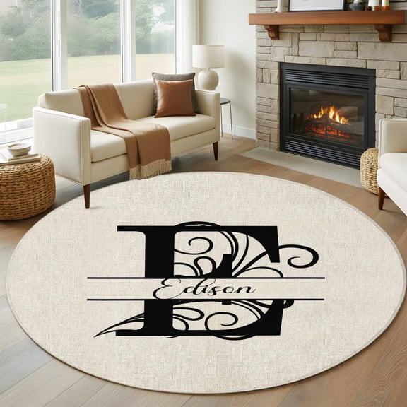 Letter E 8' Round Area Rug, Monogram Words Washable Non-Slip Large Circle Rugs for Living Room Bedroom, Soft Low Pile Rug Carpet for Dining Room Kitchen Farmhouse