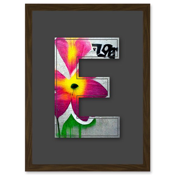 Letter E Abstract Flower Grey Decorative Graffiti Mural Alphabet Initial Stencil Artwork Framed Wall Art Print A4