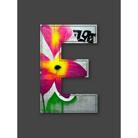 Letter E Abstract Flower Grey Decorative Graffiti Mural Alphabet Initial Stencil Extra Large XL Wall Art Poster Print