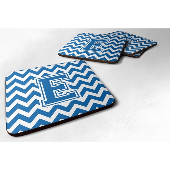 Letter E Chevron Blue and White Foam Coaster Set of 4