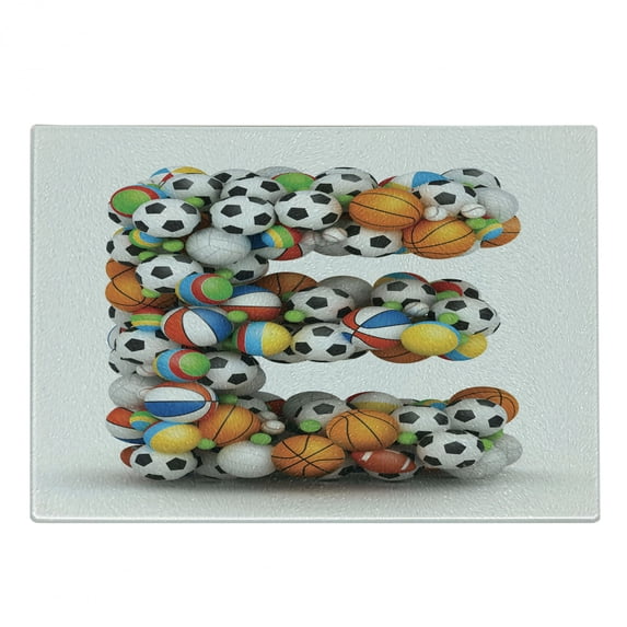Letter E Cutting Board, ABC of Sports Concept Different Gaming Balls First Name Initial Monogram Design, Decorative Tempered Glass Cutting and Serving Board, Small Size, Multicolor, by Ambesonne