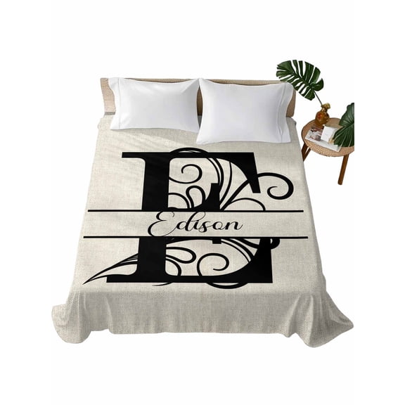 Letter E Flat Sheets Only Queen Size, Soft Breathable Bed Top Sheets for Mattress, Monogram Words Luxury Bedding Flat Sheets for Home Hotel Bedroom Bed Protection