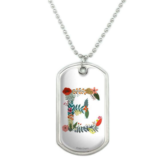 Letter E Floral Monogram Initial Military Dog Tag Pendant Necklace with Chain