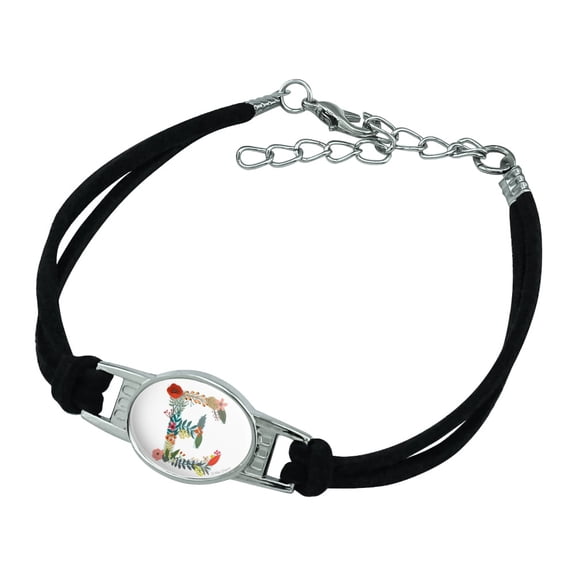 Letter E Floral Monogram Initial Novelty Suede Leather Metal Bracelet