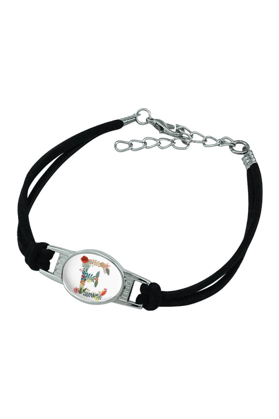 Letter E Floral Monogram Initial Novelty Suede Leather Metal Bracelet
