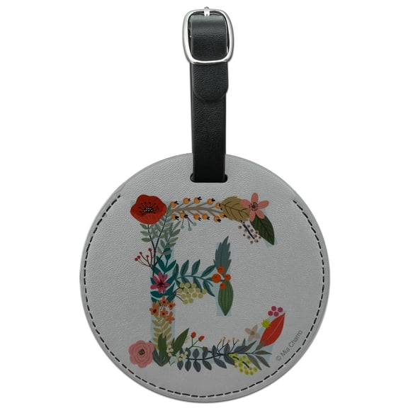 Letter E Floral Monogram Initial Round Leather Luggage Card Suitcase Carry-On ID Tag