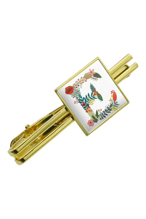 Letter E Floral Monogram Initial Square Tie Bar Clip Clasp Tack- Silver or Gold