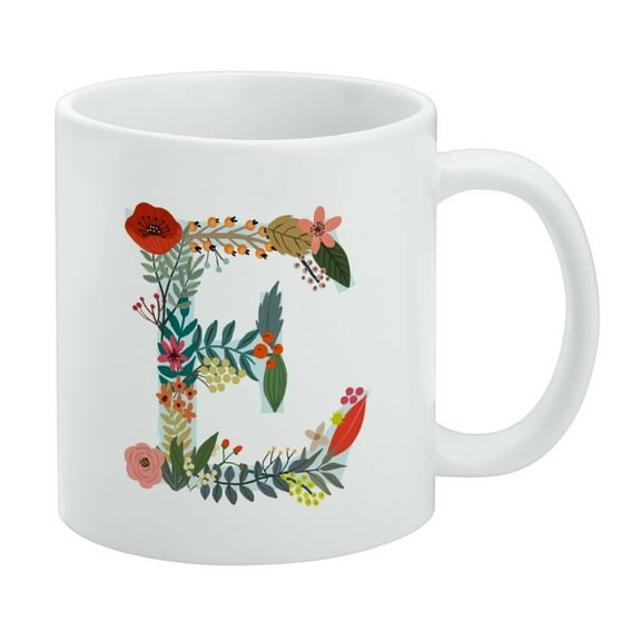 Letter E Floral Monogram Initial White Mug