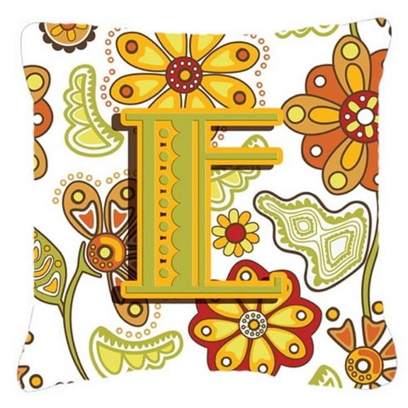 Letter E Floral Mustard And Green Canvas Fabric Decorative Pillow