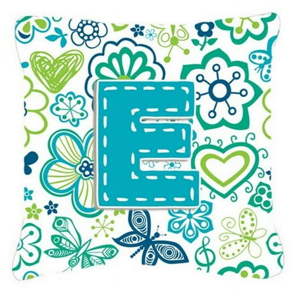 Letter E Flowers And Butterflies Teal Blue Canvas Fabric Decorative Pillow