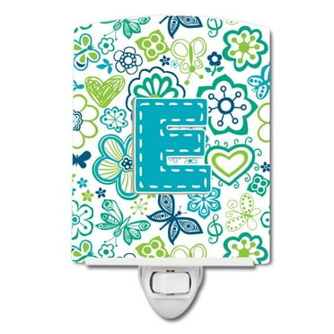 Letter E Flowers & Butterflies Teal & Blue Ceramic Night Light