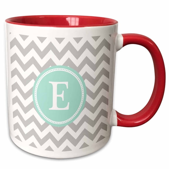 3drose, Letter E Grey and White Chevron with Mint Monogram Personal Initial E, 11oz Two-tone Red Mug