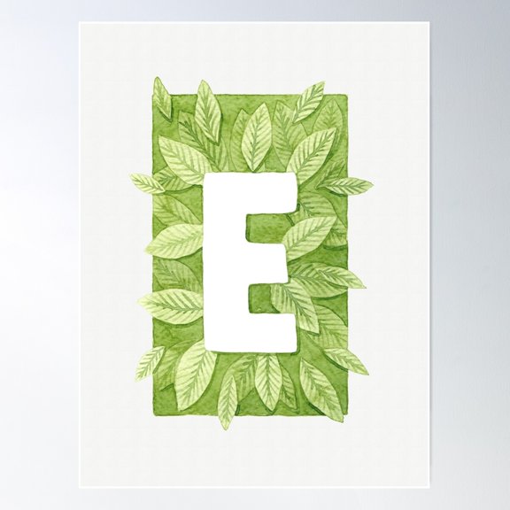 Letter E In Green Watercolor Leaves Poster Wall Art, Modern Wall Decor For Living Room Bedroom, 12x18 UNFRAMED
