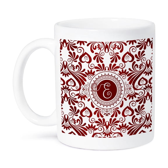 3dRose, Letter E in Vibrant Ruby Red hues with White and Monogram, 15oz Mug