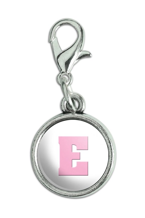 Letter E Initial Baby Girl Block Font Pink Shower Antiqued Bracelet Pendant Zipper Pull Charm with Lobster Clasp