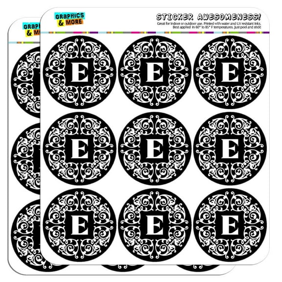 Letter E Initial Black White Scrolls 2" Scrapbooking Crafting Stickers