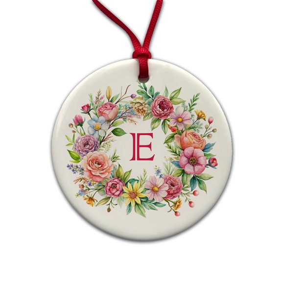 Letter E Initial Monogram Flowers Floral Christmas Tree Holiday Round Ceramic Ornament