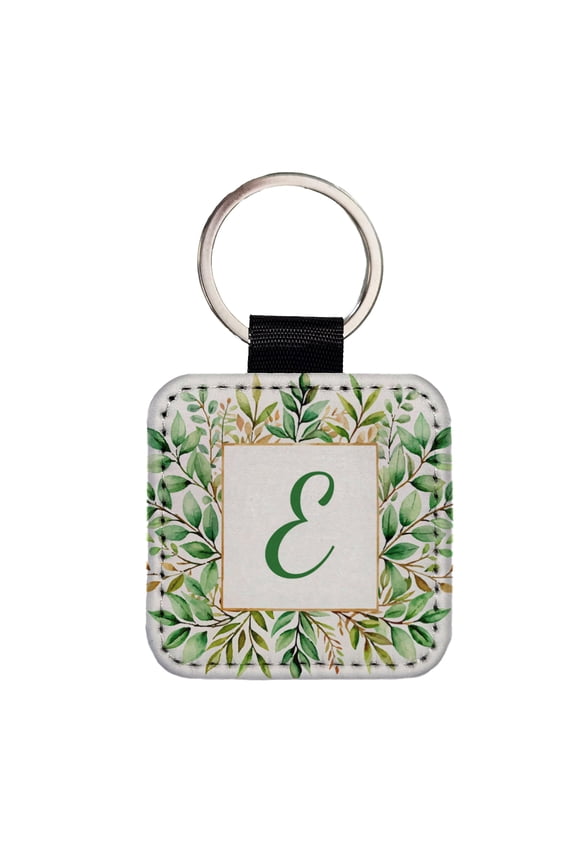 Letter E Initial Monogram Frame Leaf Faux Leather Square Keychain