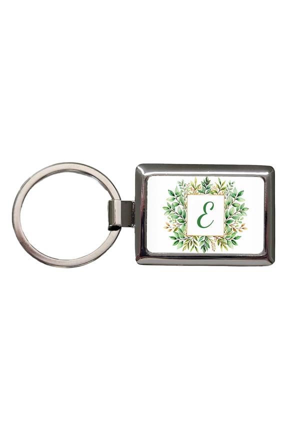 Letter E Initial Monogram Frame Leaf Metal Rectangle Keychain