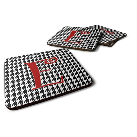 Letter E Initial Monogram - Houndstooth Black Foam Coaster Set of 4