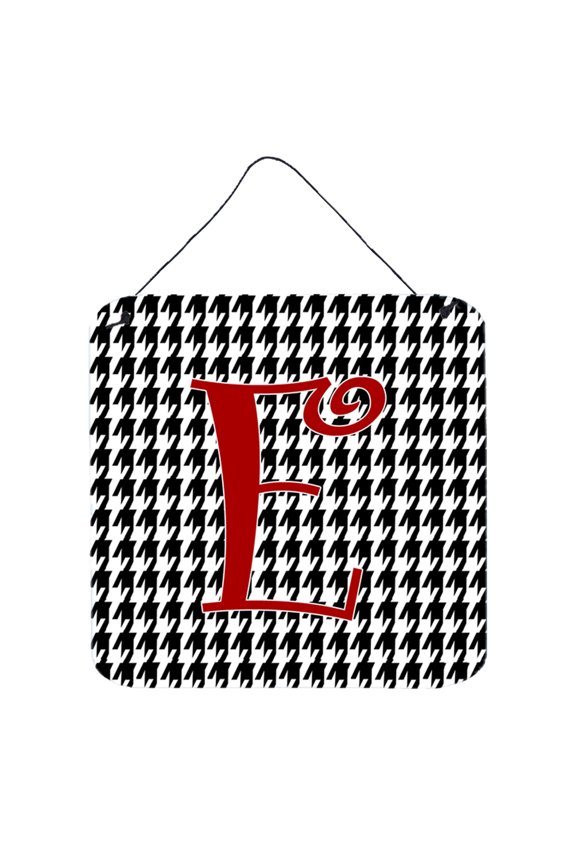 Letter E Initial Monogram - Houndstooth Black Wall or Door Hanging Prints