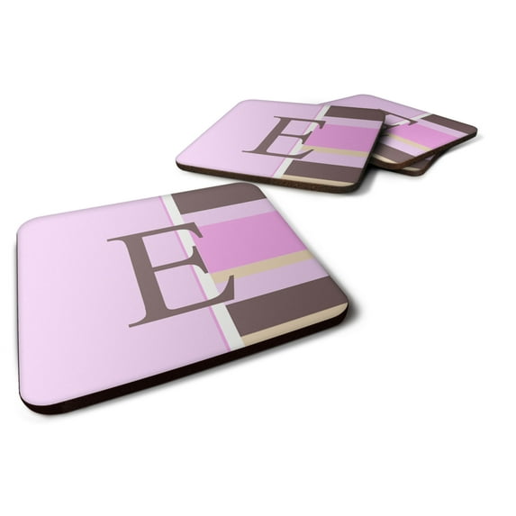 Letter E Initial Monogram - Pink Stripes Foam Coaster Set of 4