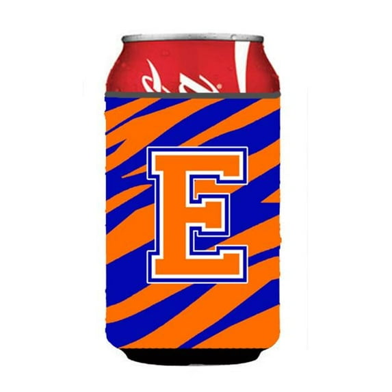 Letter E Initial Monogram - Tiger Stripe - Blue Orange Can Or Bottle Hugger