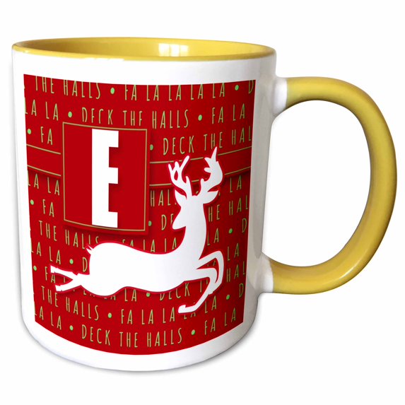 3drose, Letter E Monogram Christmas White Reindeer Deck the Halls Theme, 11oz Two-tone Yellow Mug