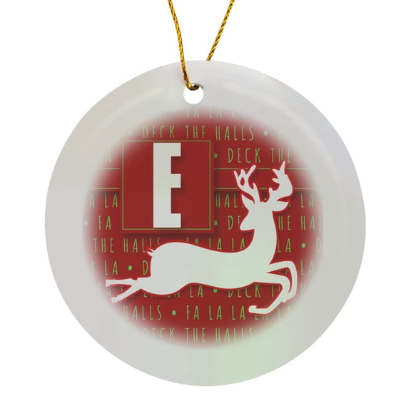 3drose, Letter E Monogram Christmas White Reindeer Deck the Halls Theme, Circle Porcelain Ornament