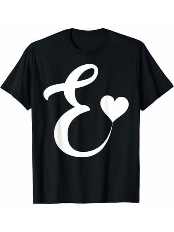 Letter E Monogram Initial Heart Graphic T-Shirt BLACK Unisex S-5XL Hot Trending Shirt, Vintage Birthday Gift