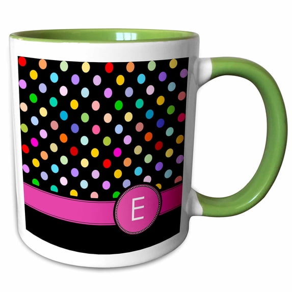 3drose, Letter E Monogrammed on Rainbow Polka Dots Pattern Hot Pink Personal Initial Black Girly Multicolor, 11oz Two-tone Green Mug