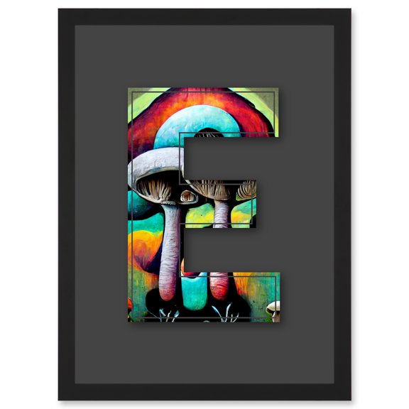 Letter E Multicoloured Trippy Mushrooms Decorative Graffiti Mural Alphabet Initial Stencil Artwork Framed Wall Art Print A4