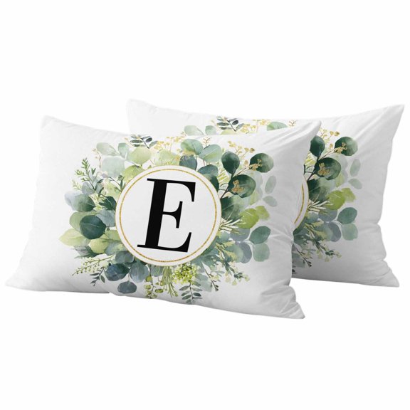Letter E Outdoor Pillow Covers Pack of 2 Alphabet Green Eucalyptus Leaves Plant Simple Waterproof Throw Pillow Covers Decorative Cushion Cases for Patio Garden Tent Balcony Couch 20x12 inch