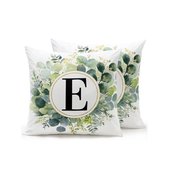 Letter E Outdoor Throw Pillows with Inserts Set of 2, 16"x16" Alphabet Green Eucalyptus Leaves Plant Simple Waterproof Square Patio Pillows for Outside Furniture, Sofa, Porch, Garden