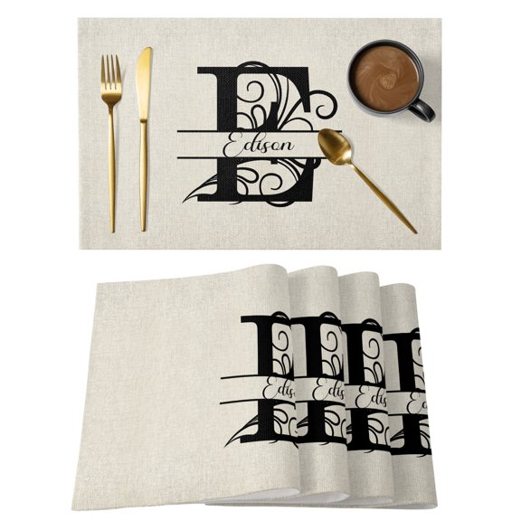 Letter E Placemats Set of 12, Cotton Linen Fabric Place Mats, Monogram Words Washable Decorative Table Mats Protector for Home Kitchen Dining Wedding Party Coffee Tables