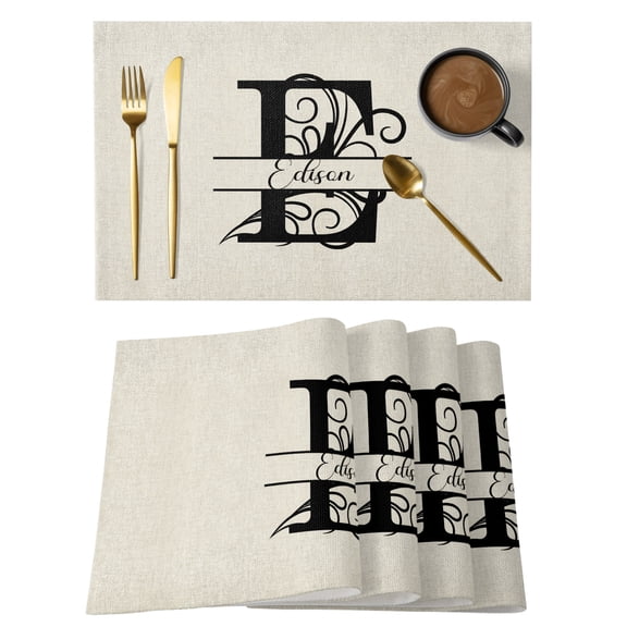 Letter E Placemats Set of 2, Cotton Linen Fabric Place Mats, Monogram Words Washable Decorative Table Mats Protector for Home Kitchen Dining Wedding Party Coffee Tables