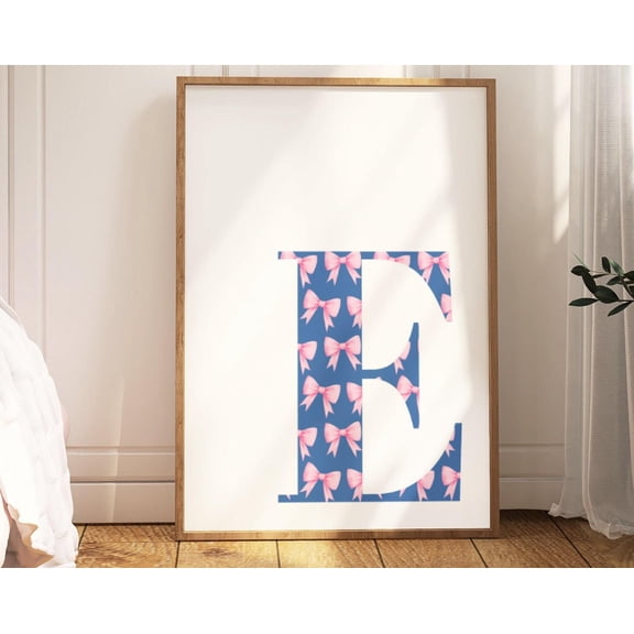 Letter E Poster, Pink Bow Print, Preppy Wall Art, Blue E Initial Print, Cute Apartment Decor, Pink College Dorm Room Decor Blue Bathroom Wall Art, Modern Wall Decor, 12x18 UNFRAMED
