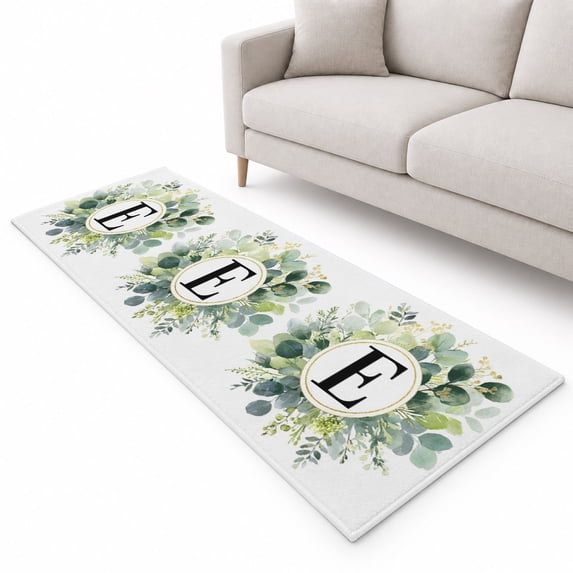 Letter E Runner Rug 2'x6', Alphabet Green Eucalyptus Leaves Plant ...