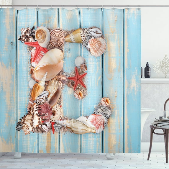 Letter E Shower Curtain, Stylized E Font Different Lively Seashells Exotic Underwater Life, Fabric Bathroom Set with Hooks, 69W X 70L Inches, Pale Blue Ivory Dark Coral, by Ambesonne