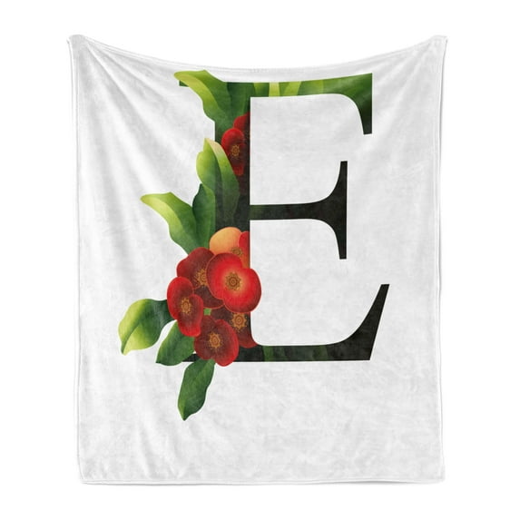 Letter E Soft Flannel Fleece Blanket, Alphabet with Euphorbia Milii Crown of Thorns Flower with Green Leaves, Cozy Plush for Indoor and Outdoor Use, 60" x 80", Vermilion Green Black, by Ambesonne