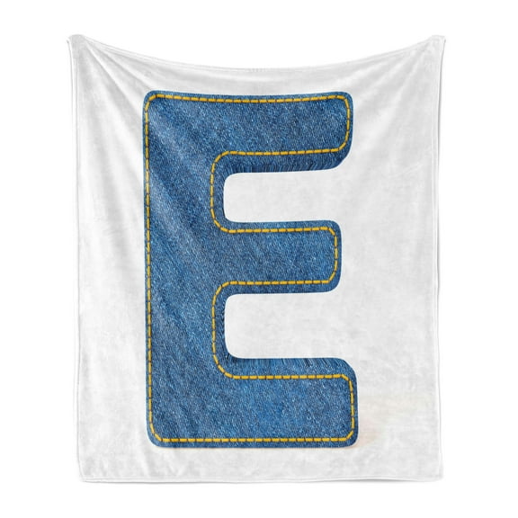 Letter E Soft Flannel Fleece Throw Blanket, Denim Blue Jeans Themed E from Alphabet ABC of Pattern Uppercase Letter, Cozy Plush for Indoor and Outdoor Use, 50" x 60", Blue Yellow, by Ambesonne