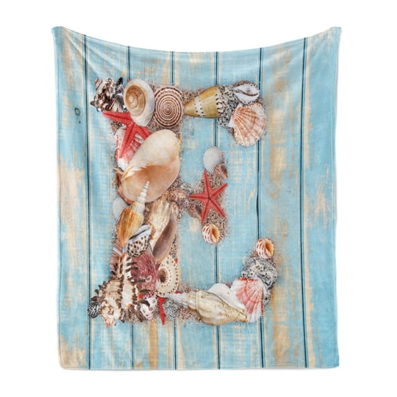 Letter E Soft Flannel Fleece Throw Blanket, E Font Different Lively Seashells Exotic Underwater Life, Cozy Plush for Indoor and Outdoor Use, 60" x 80", Dark Coral Pale Blue, by Ambesonne