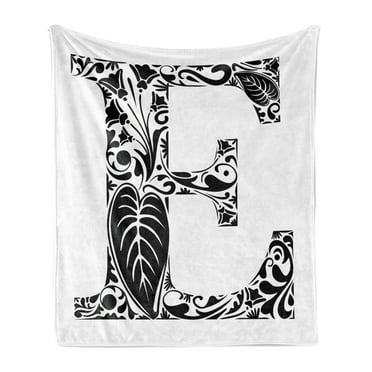 Letter E Soft Flannel Fleece Throw Blanket, Floral Swirls and Curls Big Leaf Blooming Meadow Inspired Retro Style Initials, Cozy Plush for Indoor and Outdoor Use, 50" x 60", Black White, by Ambesonne
