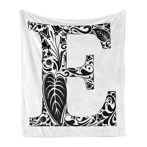 Letter E Soft Flannel Fleece Throw Blanket, Floral Swirls and Curls Big Leaf Blooming Meadow Inspired Retro Style Initials, Cozy Plush for Indoor and Outdoor Use, 60" x 80", Black White, by Ambesonne