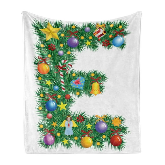 Letter E Soft Flannel Fleece Throw Blanket, Seasonal Holiday Candy Cane Big Star Angel Capitalized Letter E Alphabet, Cozy Plush for Indoor and Outdoor Use, 50" x 70", Multicolor, by Ambesonne