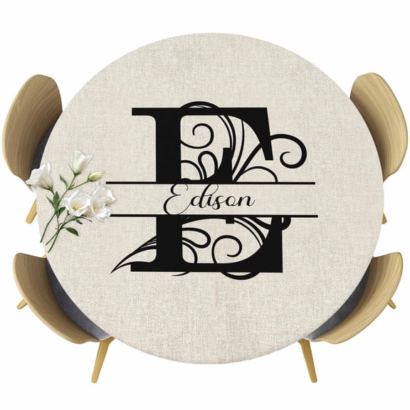 Letter E Table Cloth, Round Fitted Tablecloths with Elastic Edge, Monogram Words Wipeable Waterproof Table Cover for Kitchen Wedding 55-60 Inches