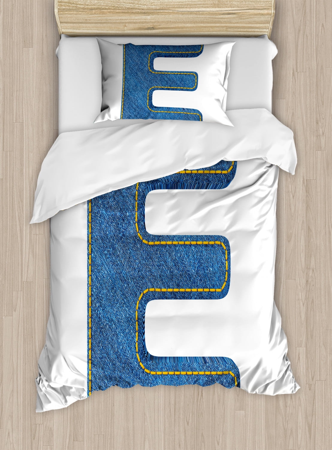 Letter E Twin Size Duvet Cover Set, Denim Blue Jeans Themed Symbol E from Alphabet ABC of Fabric Uppercase Letter, Decorative 2 Piece Bedding Set with 1 Pillow Sham, Blue Yellow, by Ambesonne